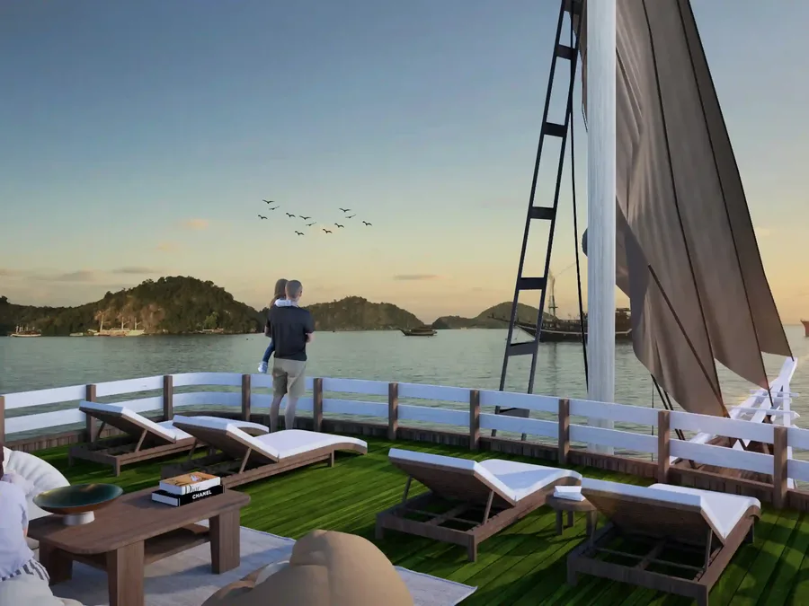 Shaded sun deck of a phinisi at anchor