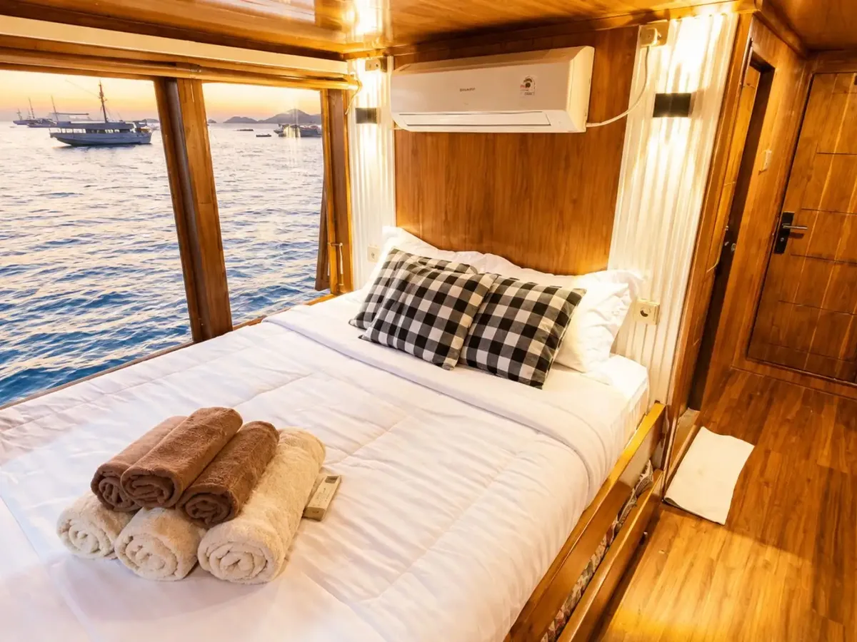 A cabin on board a phinisi, looking out to sea