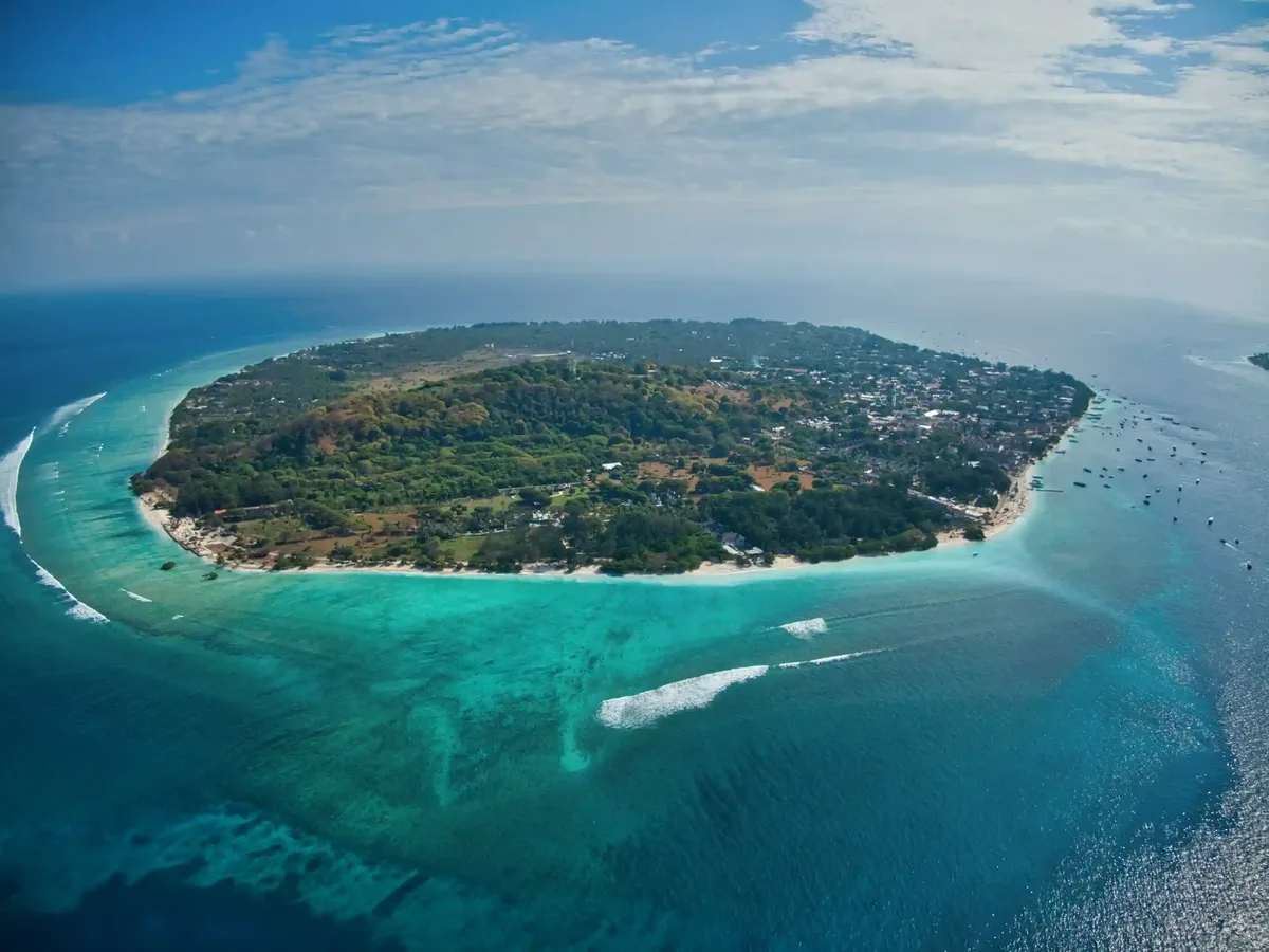 Gili Trawangan and its surrounding reef seen from the air