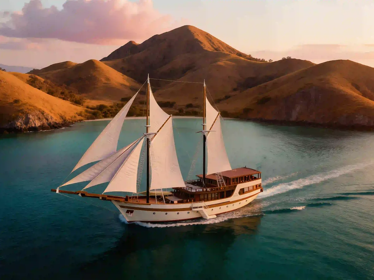 Traditional wooden phinisi under sail in the Flores Sea