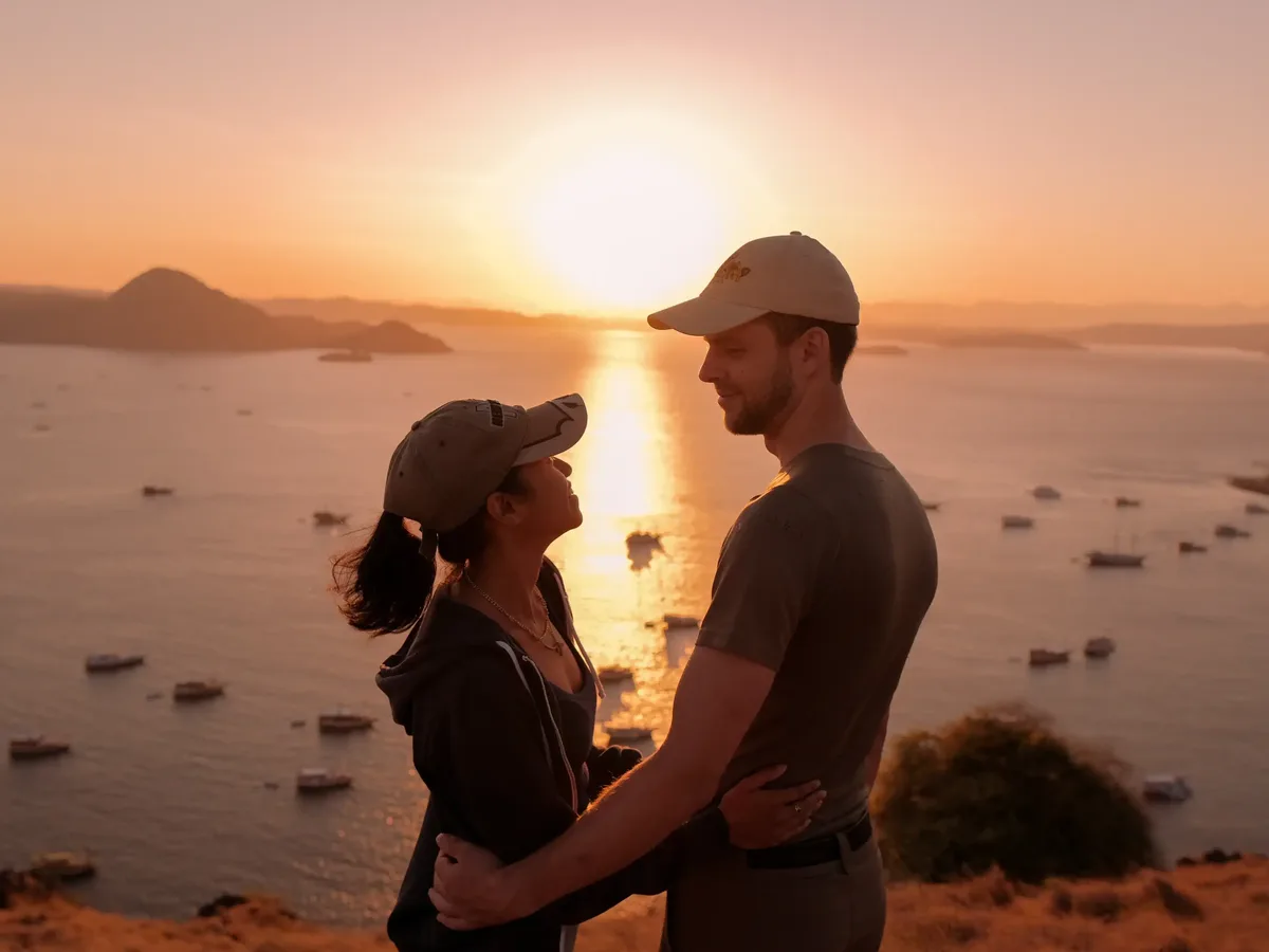 A couple watching the sunrise from the ridge on Padar Island