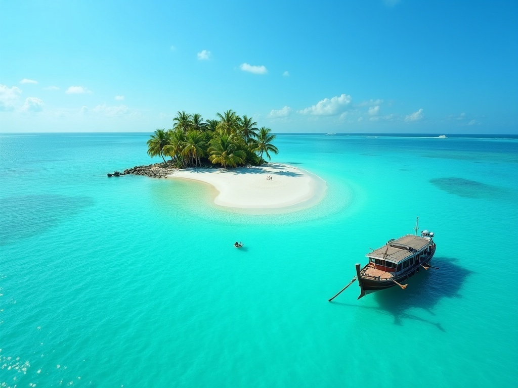 Phinisi anchored in a turquoise island bay along the crossing route