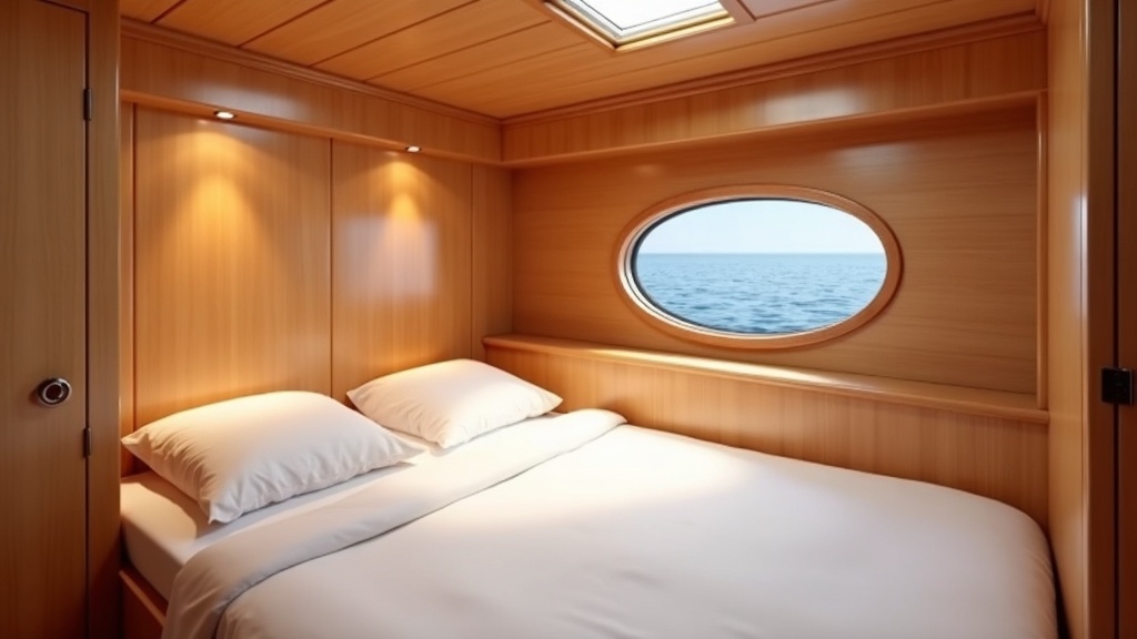 Wooden phinisi cabin interior with porthole and neat bunk