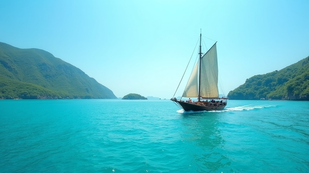 Wooden phinisi under sail on turquoise sea between islands on the Lombok to Komodo crossing